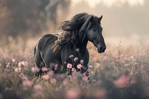The horse in a field of flowers