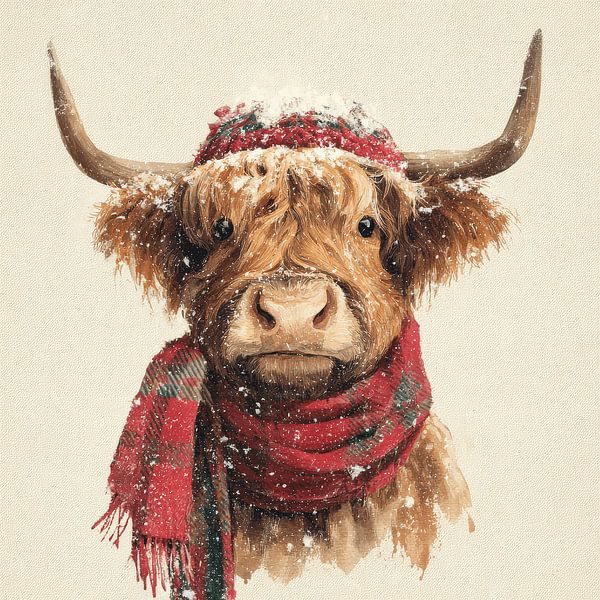 Hooglander in Winterstijl Met Muts en Geruite Sjaal van Eva Lee