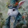 Weißer Hase mit Blumenhut im Vintage-Stil von But First Framing
