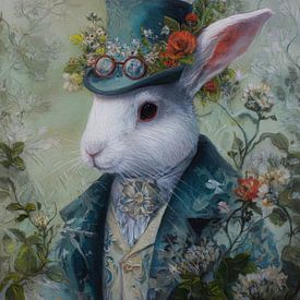 Witte haas met bloemenhoed in vintage stijl van But First Framing