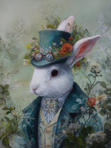 Lapin blanc avec chapeau à fleurs de style vintage sur But First Framing