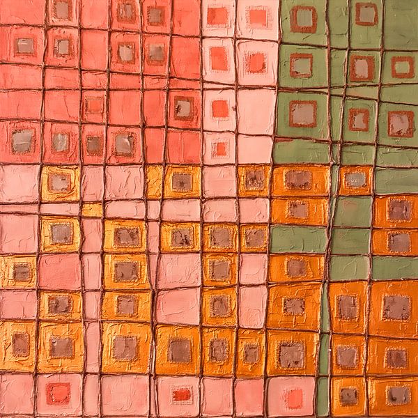 Industrielles abstraktes Raster: Koralle, Rosa, Olivgrün, Ockergelb von STUDIO MINIMAL ART