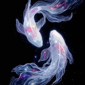 Himmlischer Koi Fisch schwimmend im Weltraum | Ätherische Yin Yang Galaxie Kunst von Artivisual