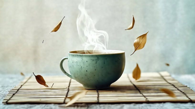 Dampfende Teetasse mit Herbstblättern von Frank Heinz
