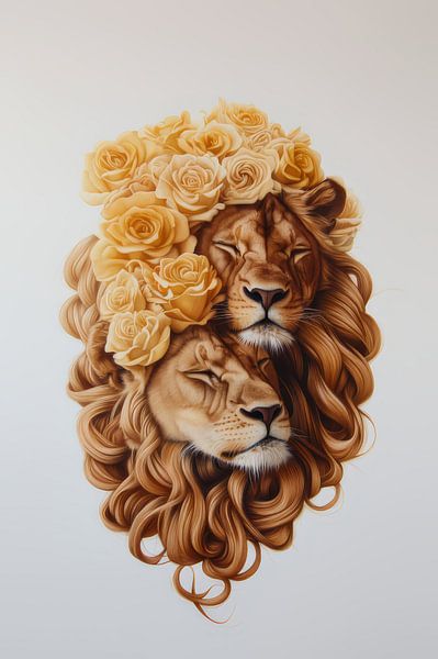 Royal Rest - Lions with Crown of Flowers by Eva Lee