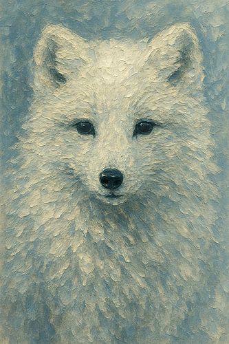 Arctic fox in the snow (Cute painting Arctic animal soft white winter fur thick paint)