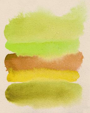 Abstracte kleurrijke aquarel in geel, terra, mosterd, groen van Dina Dankers