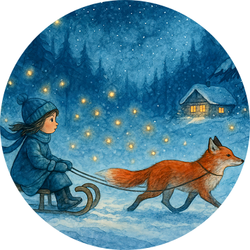 Meisje op de slee met vos en vuurvliegjes (AI) (lichtjes, winter, Kerstmis, fantasie, sneeuw, bos, kinderkunst, betoverend, droomwereld, nacht, kinderkamer, donker)