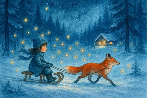Girl on sleigh with fox and fireflies (AI) (lights, winter, Christmas, fantasy, snow, forest)