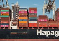 Containerschepen afgemeerd aan de Maasvlakte.
