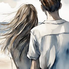 Couple sur la plage, cheveux au vent, aquarelle sur Kim Karol / Ohkimiko