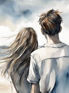 Couple sur la plage, cheveux au vent, aquarelle sur Kim Karol / Ohkimiko