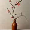 Flower branch in vase, still life Japanese flowering, quince, Japandi style by Joske Kempink
