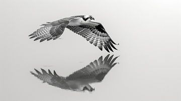Der Fischadler fliegt über sein Spiegelbild von Karina Brouwer