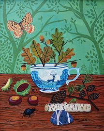 Forest walk with Delft Blue teacup with deer and trees by Anita Letuve