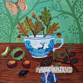 Waldspaziergang mit Delfter Blau Teetasse mit Hirschen und Bäumen von Anita Letuve