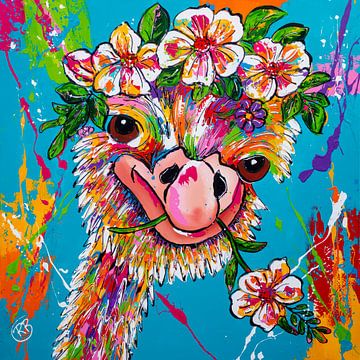 Struisvogel met bloemen van Happy Paintings