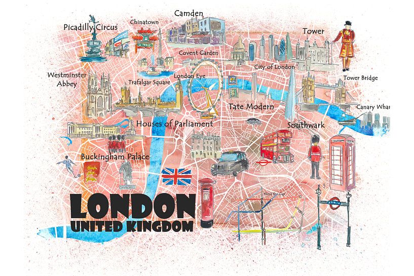 London UK Illustrated Travel Poster Favoritenkarte Touristische Highlights mit Straßen von Markus Bleichner