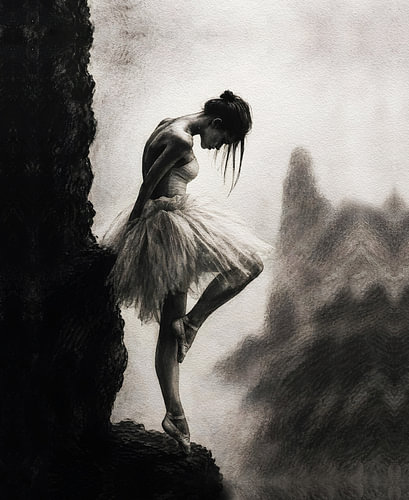 Ballerina am Abgrund – Monochrome Kunstskizze