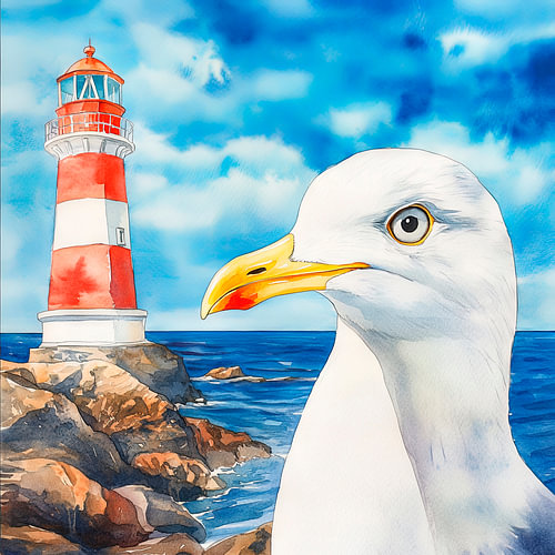 Mouette et phare au bord de la mer