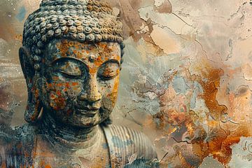 Verwitterter Buddhakopf mit abstraktem Hintergrund von Art & Soul Creations