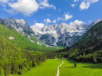 Zgornje Jezersko vallei in Slovenië van boven gezien in de lente