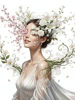 Elegant Woman with Blossoms – White Dress Fantasy Art