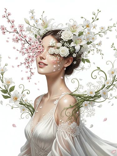 Elegante Frau mit Blüten - Weißes Kleid Fantasy Art