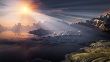 sunset with god rays at the lake in the alps by Markus Gann