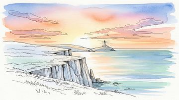 Aquarell Klippenlandschaft mit Leuchtturm bei Sonnenuntergang von Markus Gann