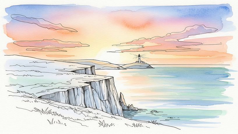 Watercolor Cliffside Landscape with Lighthouse at Sunset by Markus Gann