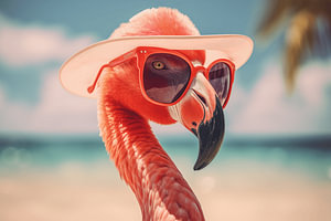 Porträt eines Flamingos mit Sonnenbrille in Urlaubsstimmung