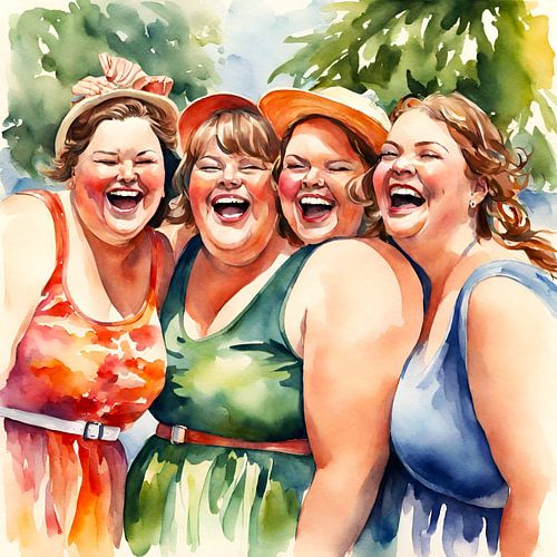4 gezellige dames lachen op vakantie