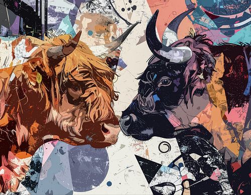 Bruine en zwarte koe street art stijl