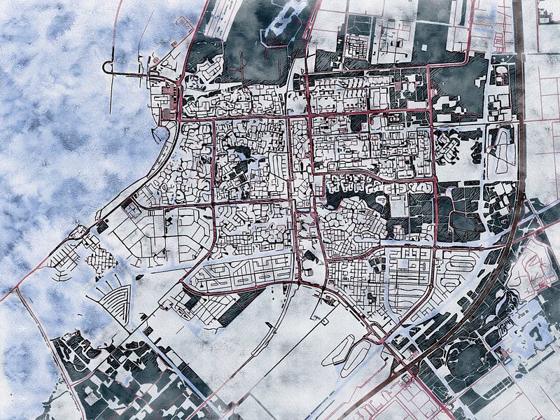 Map of Lelystad with the style 'White Winter' by Maporia