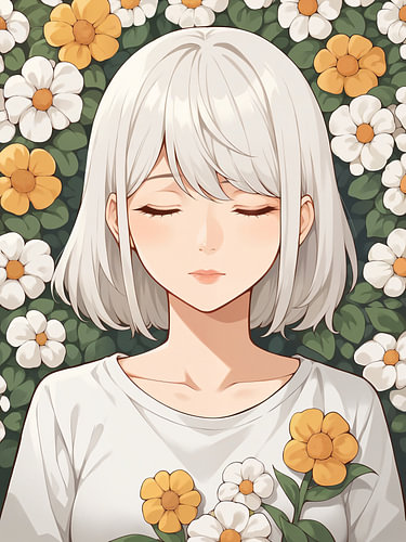 Anime meisje met bloemen – zomers meisjesportret met witte bloemen