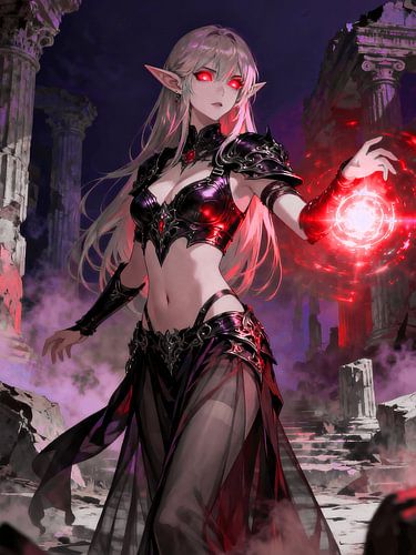ANIME Donkere elf-tovenares - Mystieke rode energiemagie in een verwoeste tempel