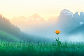 Blooming flower in front of a mountain landscape by Poster Art Shop