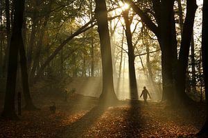 Mann mit Hund im Nebel