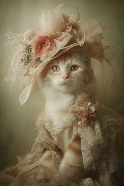 Romantic Portrait of a Cat with a Hat - Dreamy Old Masters Artwork by Joriali Fine Art