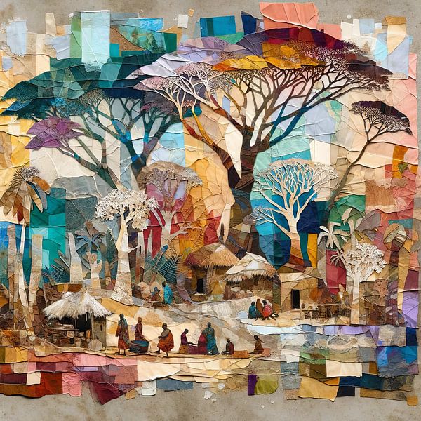 Collage African village life under trees by Lois Diallo