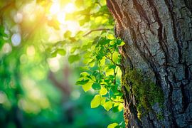 Sonnenlicht durch Blätter im Wald von Poster Art Shop