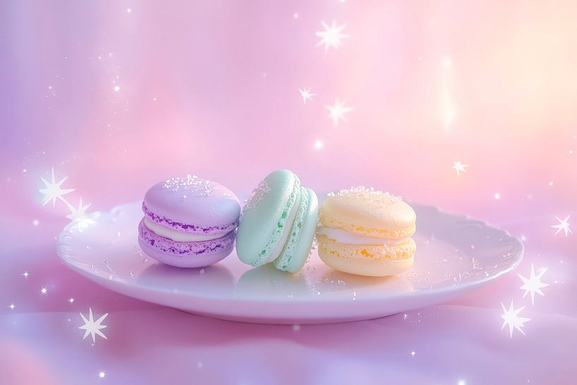 Pastellfarbene Makarons auf einem Teller von Poster Art Shop
