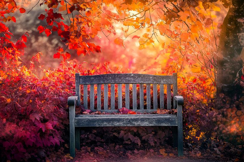 Autumn park bench in colourful foliage by Poster Art Shop