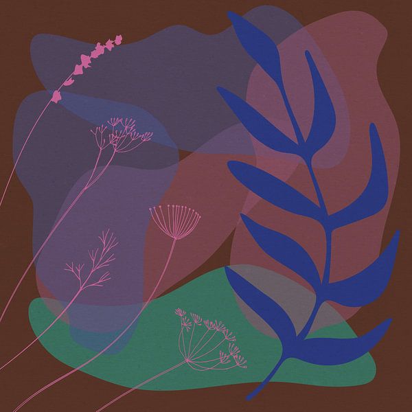 Retro jaren 70 bloemen in neonroze, kobaltblauw, bruin en groen. van Dina Dankers