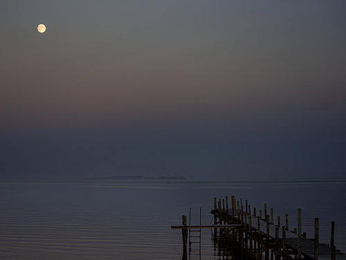 Der Mond beleuchtet den Limfjord (Dänemark).