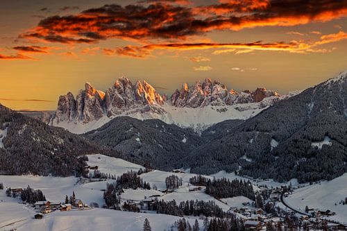 Breathtaking winter landscape with the village of Santa Maddalena, Val di Funes by Dieter Meyrl