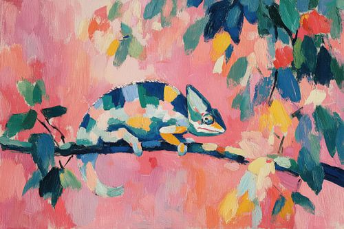 Kameleon op tak in roze