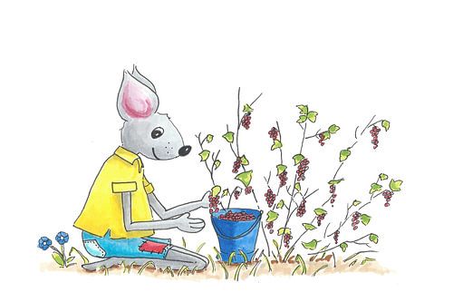 Illustratie van bessen plukkende muis
