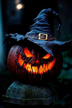 Griezelige Halloween pompoen met hoed van Poster Art Shop